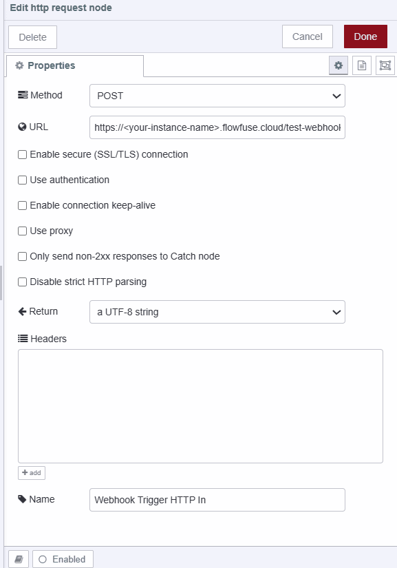 Screenshot displaying HTTP request node configuration for triggering or sending a POST request to the webhook server in case of abnormal temperature. "Screenshot displaying HTTP request node configuration for triggering or sending a POST request to the webhook server in case of abnormal temperature."